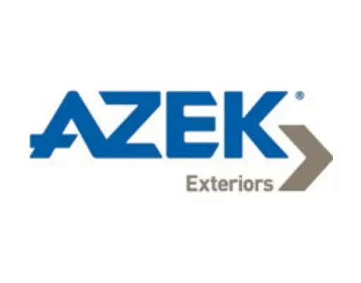 Azek Exteriors logo with blue text and a right-facing arrow.