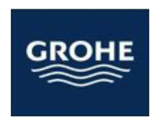 Grohe logo in white text on a dark blue background with wavy water lines.