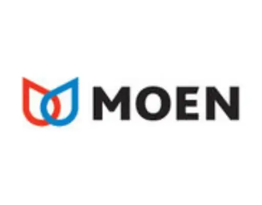 Moen logo with a red and blue water drop design next to black text.