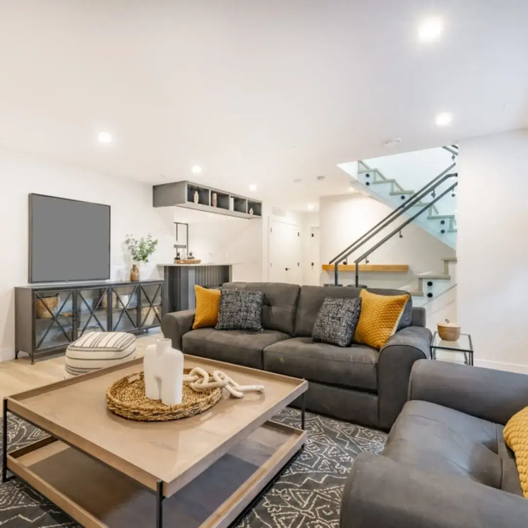Contemporary basement lounge with a bar, gray sofas and modern décor.