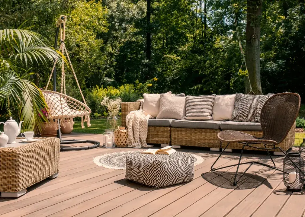 Cozy outdoor patio with rattan furniture, decorative pillows, a hanging chair and a wooden deck surrounded by lush greenery.